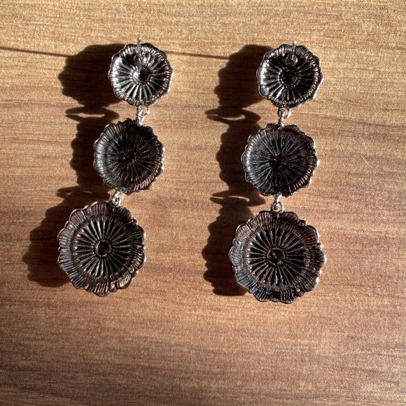 Silver Medallion Flower Drop Earrings - Picture 3 of 6